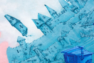 Photographie de la fresque de près représentant un château bleu sur fond rose - Agrandir l'image 10 sur 10, fenêtre modale