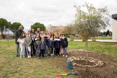 Le groupe d'enfants et encadrants posent devant l'olivier planté - Agrandir l'image 1 sur 5, fenêtre modale