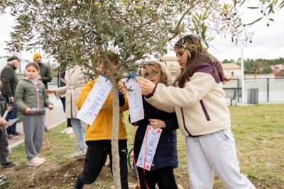 Les enfants accorchent des mots sur l'olivier : tolérance, justice, vivre ensemble - Agrandir l'image 2 sur 5, fenêtre modale